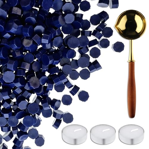 420 Stück Wachssiegelperlen, Wachssiegel-Set mit 3 Teekerzen und 1 Schmelzlöffel, antikes Dekor für Hochzeitseinladungen, Umschlag, Sammelalbum, DIY-Geschenkpapier (Blau A) von Cazzon
