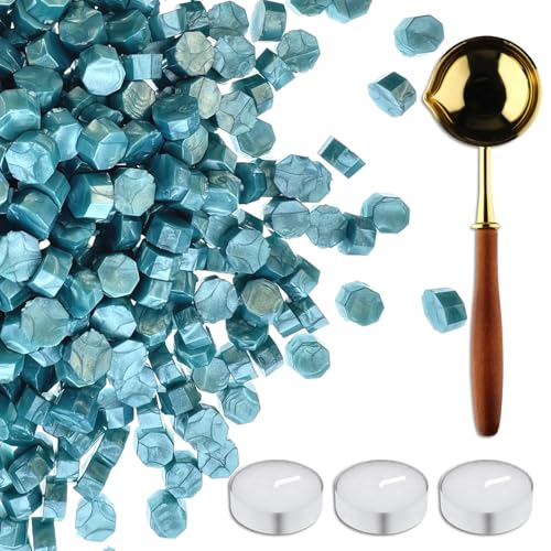 420 Stück Wachssiegelperlen, Wachssiegel-Set mit 3 Teekerzen und 1 Schmelzlöffel, antikes Dekor für Hochzeitseinladungen, Umschlag, Sammelalbum, DIY-Geschenkpapier (Blau B) von Cazzon