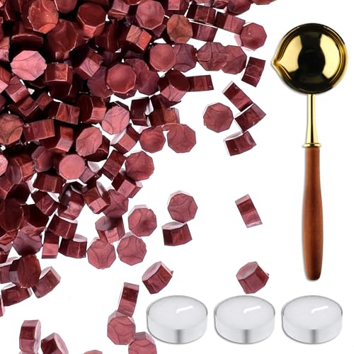 420 Stück Wachssiegelperlen, Wachssiegel-Set mit 3 Teekerzen und 1 Schmelzlöffel, antikes Dekor für Hochzeitseinladungen, Umschlag, Sammelalbum, DIY-Geschenkpapier (Burgundy A) von Cazzon