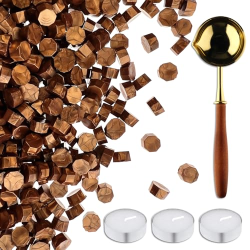 420 Stück Wachssiegelperlen, Wachssiegel-Set mit 3 Teekerzen und 1 Schmelzlöffel, antikes Dekor für Hochzeitseinladungen, Umschlag, Sammelalbum, DIY-Geschenkpapier (Golden B) von Cazzon