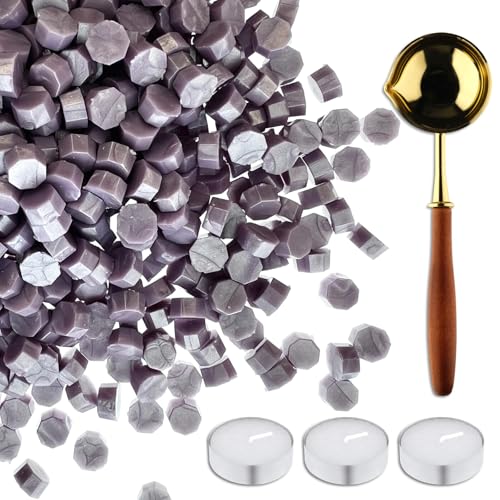 420 Stück Wachssiegelperlen, Wachssiegel-Set mit 3 Teekerzen und 1 Schmelzlöffel, antikes Dekor für Hochzeitseinladungen, Umschlag, Sammelalbum, DIY-Geschenkpapier (lila B) von Cazzon