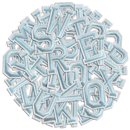 Buchstaben zum Aufbügeln, A-Z, Alphabet, Stickerei, Applikation, Patch, DIY, dekorative Wärmepresse, Flicken für Kleidung, Jeans, Jacken, Rucksäcke, Hüte, Socken (Hellblau, 104 Stück) von Cazzon