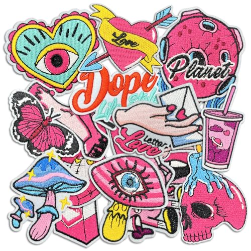Edgy Cute Iron on Patches, Assorted Embroidered Applique Patches, DIY Decorative Heat Press Patch for Clothing, Jeans, Jackets, Backpacks, Hats (Edgy2 16Pcs) von Cazzon