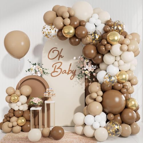 Braune Luftballons Bogen Girlande Kit, Verschiedene Größen 18 12 10 5 Zoll Braun Nude Gold Boho Neutral Weiß Latex Metallic Konfetti Ballon für Bär Baby Shower Safari Geburtstag Party Dekorationen von CboDeco