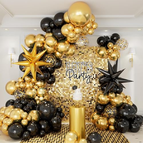 CboDeco Luftballon-Girlandenbogen-Set für Abschlussfeier, Geburtstag, Neujahrsparty, 146 Stück schwarze goldene Luftballons, explodierende Sternfolie, 45,7 cm, 30,5 cm, 25,7 cm, 12,7 cm, Latexballons CboDeco Luftballon-Girlandenbogen-Set für Abschlussfeier, Geburtstag, Neujahrsparty, 146 Stück schwarze goldene Luftballons, explodierende Sternfolie, 45,7 cm, 30,5 cm, 25,7 cm, 12,7 cm, Latexballons von CboDeco