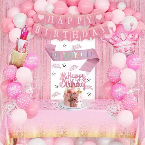 Rosa Geburtstagsdekorationsset für Frauen und Mädchen – Happy Birthday Banner, Konfetti-Luftballons, Fransenvorhang, Lippenstift-Folienballon, Tischdecke und Krone für Party-Dekorationen Rosa Geburtstagsdekorationsset für Frauen und Mädchen – Happy Birthday Banner, Konfetti-Luftballons, Fransenvorhang, Lippenstift-Folienballon, Tischdecke und Krone für Party-Dekorationen von CboDeco