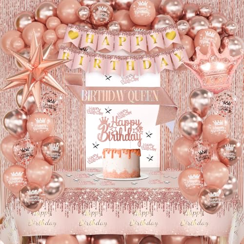 Rotgoldenes Geburtstagsdekorationsset für Frauen und Mädchen – Happy Birthday-Banner, Konfetti-Luftballons, Fransenvorhang, explodierender Stern-Folienballon, Tischdecke und Krone für Rotgoldenes Geburtstagsdekorationsset für Frauen und Mädchen – Happy Birthday-Banner, Konfetti-Luftballons, Fransenvorhang, explodierender Stern-Folienballon, Tischdecke und Krone für von CboDeco