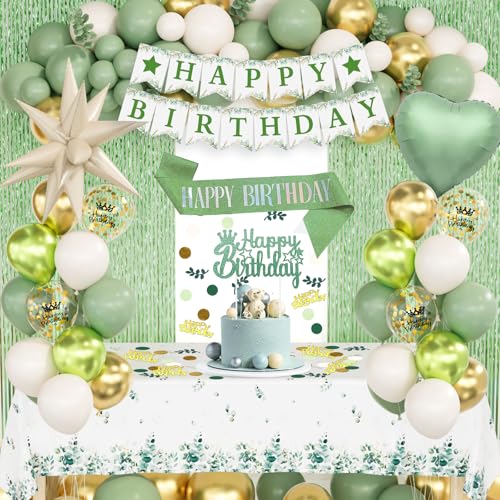 Salbeigrün Geburtstagsdekorationsset für Männer und Frauen – Happy Birthday-Banner, Konfetti-Luftballons, Herzballons, Fransenvorhang, explodierender Stern-Folienballon, Tischdecke für Salbeigrün Geburtstagsdekorationsset für Männer und Frauen – Happy Birthday-Banner, Konfetti-Luftballons, Herzballons, Fransenvorhang, explodierender Stern-Folienballon, Tischdecke für von CboDeco