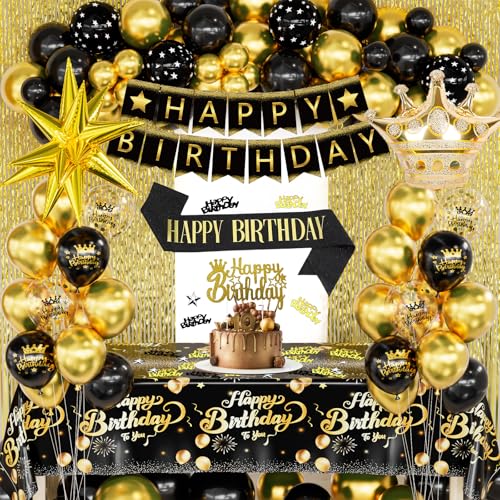 Schwarz-goldenes Geburtstagsdekorationsset für Männer und Erwachsene – Happy Birthday-Banner, Konfetti-Luftballons, Fransenvorhang, explodierender Stern-Folienballon, Tischdecke und Krone für Schwarz-goldenes Geburtstagsdekorationsset für Männer und Erwachsene – Happy Birthday-Banner, Konfetti-Luftballons, Fransenvorhang, explodierender Stern-Folienballon, Tischdecke und Krone für von CboDeco