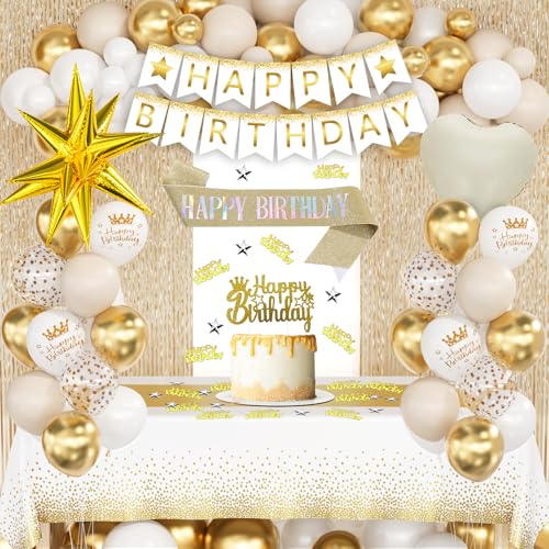 Weißes und goldenes Geburtstagsdekorationsset für Männer und Erwachsene – Happy Birthday-Banner, Herzballons, Fransenvorhang, explodierender Stern-Folienballon, Tischdecke für Party-Dekorationen Weißes und goldenes Geburtstagsdekorationsset für Männer und Erwachsene – Happy Birthday-Banner, Herzballons, Fransenvorhang, explodierender Stern-Folienballon, Tischdecke für Party-Dekorationen von CboDeco