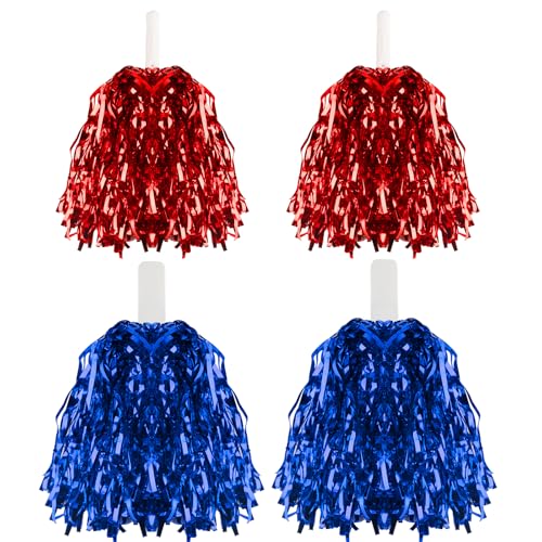 4 Stück Cheerleader Pompoms Cheerleading Pom Poms Cheerleading Pompons, Metallisch Cheerleader Pompons Puschel, Cheers Ball für Sports Tänze Wettbewerb Karnevalspartys Verwendet(rot, blau) von Cbofeixg