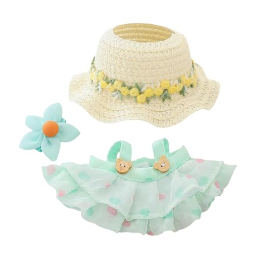 Ccipotatoo Kleidung für Puppen Zubehör (keine Puppe), Kawaii Rock Outfit Set 2 Stück für 15cm 17cm Puppenanzug, stilvolle Dress Up Blumenpuppe Kleidungsset (A2 Bär Rock+Haarspange+Hut Grün) von Ccipotatoo