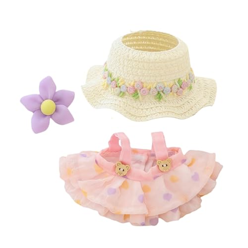 Ccipotatoo Kleidung für Puppen Zubehör (keine Puppe), Kawaii Rock Outfit Set 2 Stück für 15cm 17cm Puppenanzug, stilvolles Dress Up Blumenpuppe Kleidungsset (A1 Bär Rock+Haarspange+Hut Rosa) von Ccipotatoo