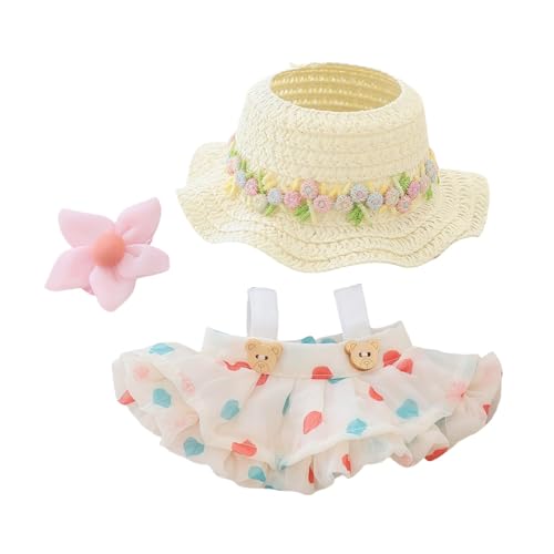 Ccipotatoo Kleidung für Puppen Zubehör (keine Puppe), Kawaii Rock Outfit Set 2 Stück für 15cm 17cm Puppenanzug, stilvolles Dress Up Blumenpuppe Kleidungsset (A3 Bär Rock+Haarspange+Hut Beige) von Ccipotatoo