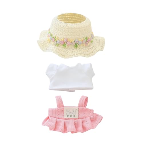 Ccipotatoo Kleidung für Puppen Zubehör (keine Puppe), Kawaii Rock Outfit Set 2 Stück für 15cm 17cm Puppenanzug, stilvolles Dress Up Blumenpuppe Kleidungsset (C2 T-Shirt+Rock+Hut Rosa) von Ccipotatoo