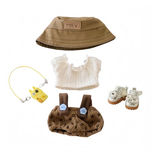 Ccipotatoo Kleidung für Puppen Zubehör (keine Puppe), süßes Outfit-Set, 5-teilig, Latzhose für 15 & 17 cm Puppenanzug, stilvolle Verkleidungs-Overalls (A5-Hosen-Set + Hut + Telefon + Schuhe, braun) von Ccipotatoo