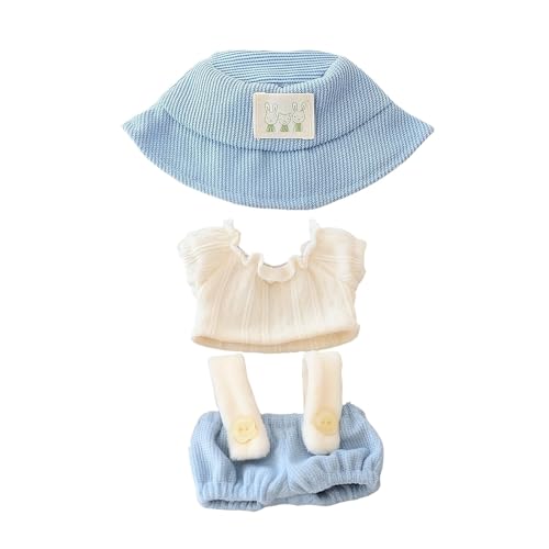 Ccipotatoo Kleidung für Puppen Zubehör (keine Puppe), süßes Outfit-Set 5-teilige Latzhose für 15 & 17 cm Puppenanzug, stilvolle Verkleidungs-Overalls (A3-Hosen-Set + Hut blau) von Ccipotatoo