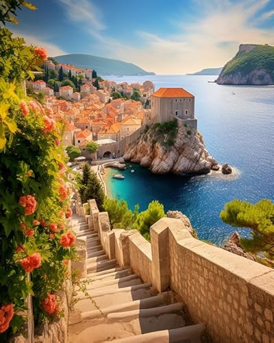 Ccqiangtie-stroe Malen nach Zahlen Kit,Dubrovnik Kroatien Natur Meerblick,DIY Handgemalt Ölgemälde Kit für Anfänger und Erwachsene Mit 3-Pinseln und Acrylfarbe,40x50cm von Ccqiangtie-stroe