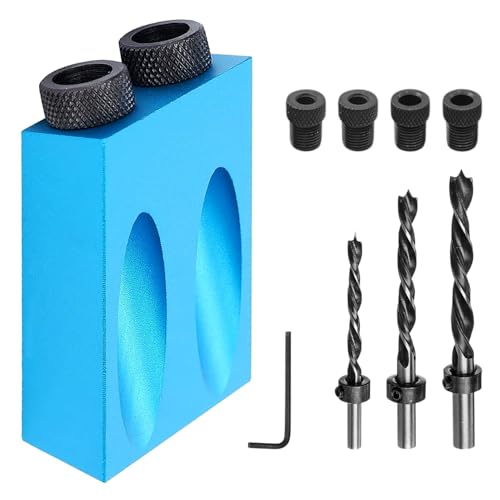 15° Taschenloch Schraubschablone, Vollaluminium Schrägloch Bohrschablone, mit 6/8/10 mm Bohrer + Hülse + Begrenzungsring, Zubehör für Die Holzbearbeitung, für Heimwerkerprojekte (Blau) von CeTsronixoC