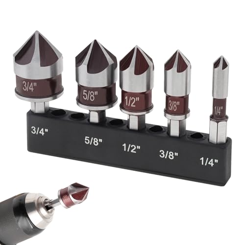 5 Stück Senker Bohrer Set für Metall, Kegelsenker 82°, Lagerstahl, 1/4 zoll Sechskantschaft, 5-Schneidiges Flöte, für Bohren in Kupfer, Aluminium, Holz, Kunststoff (Rot, silber) von CeTsronixoC