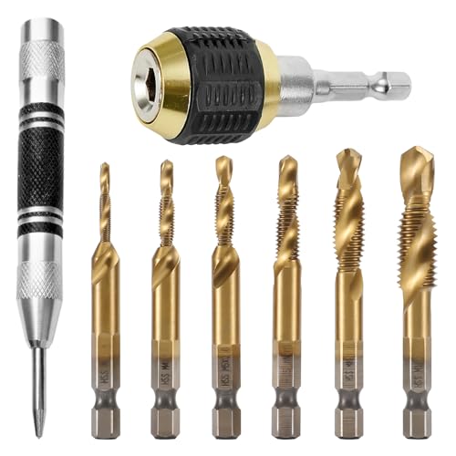 6 Stück Bohrer Set, Rostfreie Stähle, mit Schnellwechselspannzange und Positionierstempel, M3 M4 M5 M6 M8 M10 Bohr-Gewindebohrer-Senker Bits, 1/4” Hex-Schaft, Geeignet für Holz, Metall (Gold) von CeTsronixoC