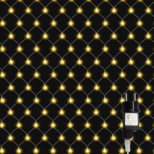 Cecaylie 1.5x1.5m lichternetz außen & inne, LED Warmweiß lichternetz mit 8 Modi + Memory-Funktion, IP44, zur Dekoration von Balkonen, Gärten und Häusern verwendet werden von Cecaylie