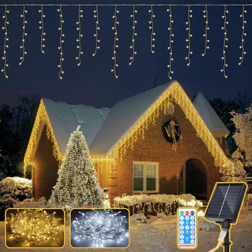 Cecaylie Eisregen Lichterkette Solar, 5M-200LEDs-Warmweiß Lichterkette mit 8 Modi, IP44, Memory&Timing-Fuction, Helligkeitsanpassung, Fernbedienungen, Geeignet für Innen- und Außendekoration von Cecaylie