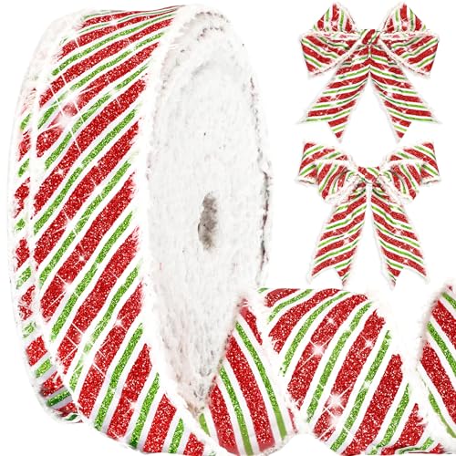 Ceenna 91,4 m Weihnachtsstreifen Band Glitzer 6,3 cm Zuckerstange Drahtband Handwerk DIY Xmas Geschenkverpackung Band mit weißem Plüschrand für Weihnachtsbaum (rot grün weiß gestreift) von Ceenna