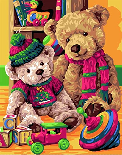 Bunter Teddybär Malen nach Zahlen Erwachsene,DIY Handgemalt Ölgemälde Malerei auf Leinwand Kinder Anfänger Malsets mit Pinseln Acrylic Paintby Numbers Kits Haus Wand Decor Geschenk 40x50cm Mit Rahmen von Cekog