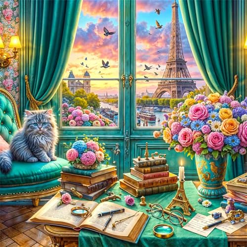 Diamond Painting Hausstrauß Katze 5D Diamant Painting Bilder für Erwachsene Anfänger,DIY Landschaft diamant malerei Vollbohrer Stickerei Kreuzstich Handwerk Home Wand Dekor Round Drill,80x80 cm von Cekog