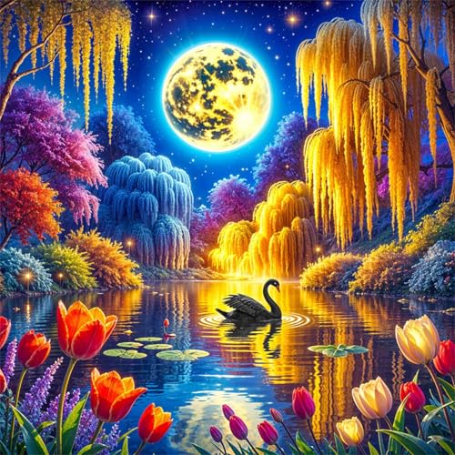 Diamond Painting Mondscheinsee 5D Diamant Painting Bilder für Erwachsene Anfänger,DIY Malerische Tiere diamant malerei Vollbohrer Stickerei Kreuzstich Handwerk Home Wand Dekor Square Drill,100x100 cm von Cekog
