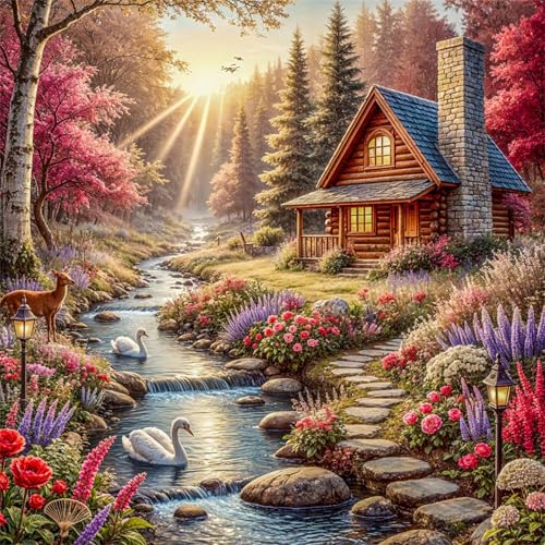 Diamond Painting Riverbank Cottage 5D Diamant Painting Bilder für Erwachsene Anfänger,DIY Ländliche Landschaft diamant malerei Vollbohrer Stickerei Kreuzstich Home Wand Dekor Square Drill,60x60 cm von Cekog