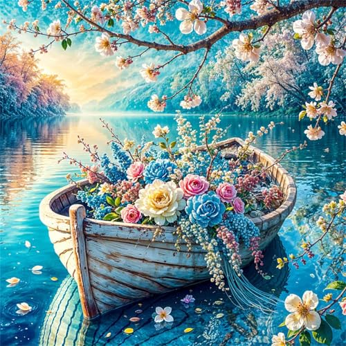 Diamond Painting Seeboot Blumen 5D Diamant Painting Bilder für Erwachsene Anfänger,DIY Landschaft diamant malerei Vollbohrer Stickerei Kreuzstich Handwerk Home Wand Dekor Square Drill,70x70 cm von Cekog