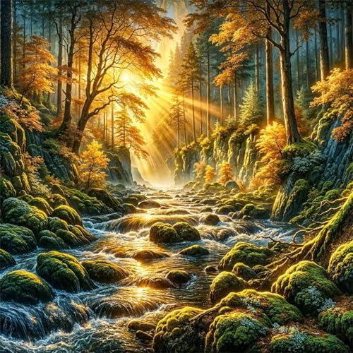 Diamond Painting Sonniger Wald 5D Diamant Painting Bilder für Erwachsene Anfänger,DIY Woods River diamant malerei Vollbohrer Stickerei Kreuzstich Handwerk Home Wand Dekor Square Drill,60x60 cm von Cekog