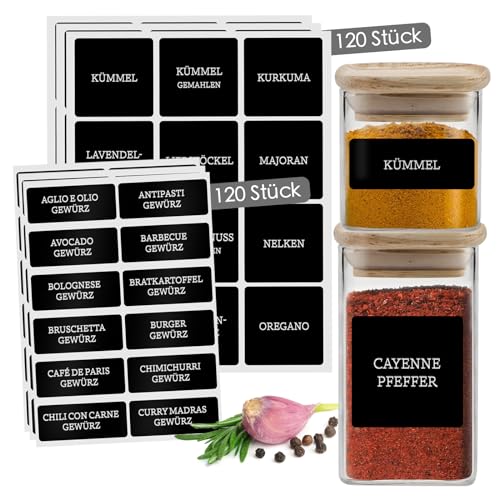 Gewürzetiketten Selbstklebend – 240 Sticker für Gewürzgläser & Gewürzdosen - Wasserfeste Gewürzaufkleber - Spice Jar Label - Beschriftete Etiketten für Küchenorganisation - Rechteckig Schwarz von Celeko Home