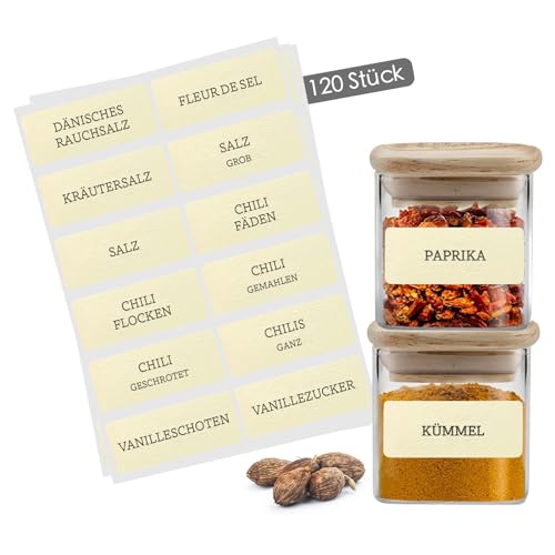Gewürzetiketten Selbstklebend – 120 Sticker für Gewürzgläser & Gewürzdosen - Wasserfeste Gewürzaufkleber - Spice Jar Label - Beschriftete Etiketten für Küchenorganisation - Rechteckig Beige von Celeko Home