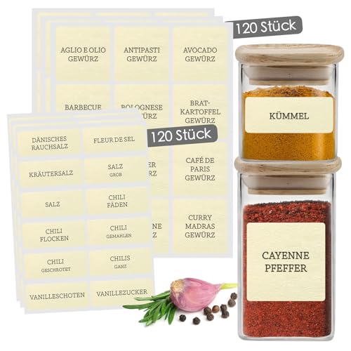 Gewürzetiketten Selbstklebend Beschriftet Wasserfest Etiketten Gewürze Sticker Beschriftung Aufkleber für Gewürzgläser Gewürzdosen Spice Jar Labels | Celeko Gewürzaufkleber Eckig Beige 240 Stück von Celeko Home