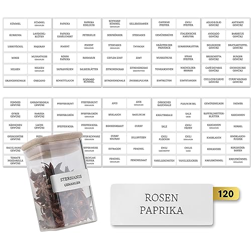 Gewürzetiketten Selbstklebend – 120 Sticker für Gewürzgläser & Gewürzdosen - Wasserfeste Gewürzaufkleber - Spice Jar Label - Beschriftete Etiketten für Küchenorganisation - Rechteckig Weiß Gewürzetiketten Selbstklebend – 120 Sticker für Gewürzgläser & Gewürzdosen - Wasserfeste Gewürzaufkleber - Spice Jar Label - Beschriftete Etiketten für Küchenorganisation - Rechteckig Weiß von Celeko Home