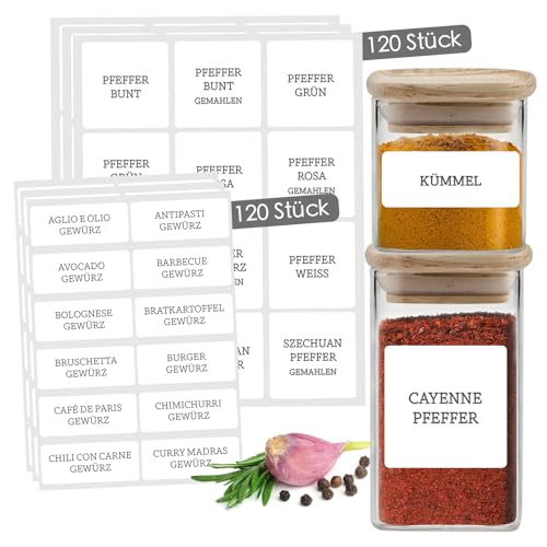 Gewürzetiketten Selbstklebend – 240 Sticker für Gewürzgläser & Gewürzdosen - Wasserfeste Gewürzaufkleber - Spice Jar Label - Beschriftete Etiketten für Küchenorganisation - Rechteckig Weiß von Celeko Home