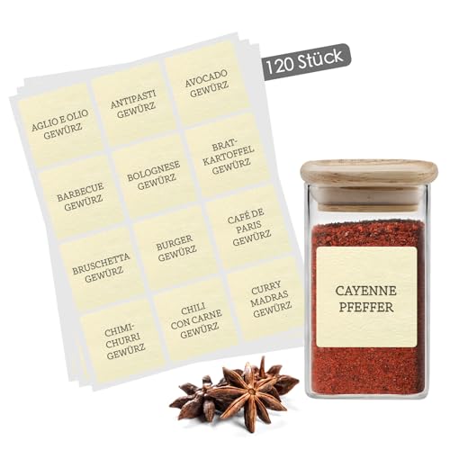 Gewürzetiketten Selbstklebend Beschriftet Wasserfest Etiketten Gewürze Sticker Beschriftung Aufkleber für Gewürzgläser Gewürzdosen Spice Jar Labels | Celeko Gewürzaufkleber Quadratisch Beige 120 St von Celeko Home