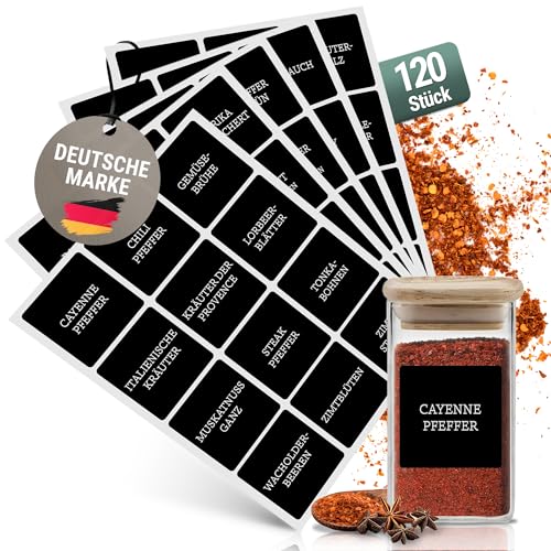 Gewürzetiketten Selbstklebend Beschriftet Wasserfest Etiketten Gewürze Sticker Beschriftung Aufkleber für Gewürzgläser Gewürzdosen Spice Jar Labels | Celeko Gewürzaufkleber Quadratisch Schwarz 120 St von Celeko Home