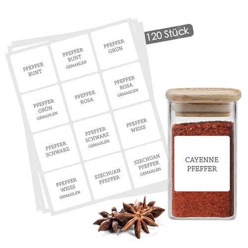 Gewürzetiketten Selbstklebend Beschriftet Wasserfest Etiketten Gewürze Sticker Beschriftung Aufkleber für Gewürzgläser Gewürzdosen Spice Jar Labels | Celeko Gewürzaufkleber Quadratisch Weiß 120 St von Celeko Home