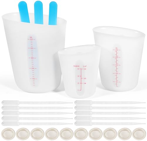 Celepoir 3 Stück Silikon Messbecher, 125/250/500ml Silikonbecher zum Gießen, Silikonbecher Epoxidharz mit Rührstab aus Silikon, Fingerlinge & Pipetten, für Epoxidharz, Gießformen, Diy, Basteln, Labor von Celepoir