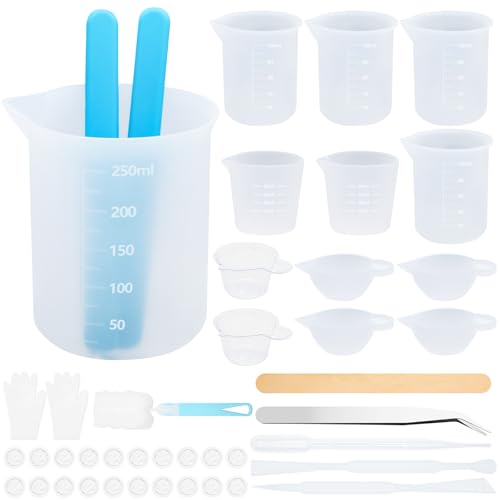 Celepoir Silikon Messbecher Set, 30/100/250ml Silikonbecher zum Gießen mit Mischbecher, Silikonrührern, Dosierbecher, Handschuhe & Epoxidharz Zubehör, für Gießformen, Diy, Basteln, Leicht zu Reinigen von Celepoir