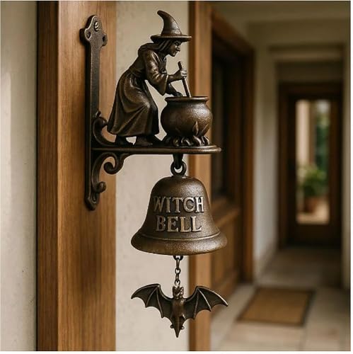 Vintage Halloween Hexen-Türklingel – Gusseiserne Dekorative Glocke mit Hexe beim Brauen von Magie, Outdoor/Garten/Vordach/Haustür Gothic Halloween Dekoration (A) von CelestiMingle