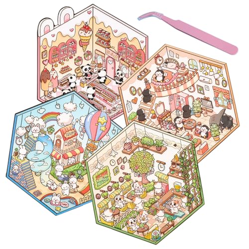 4 Sets 3D Sticker Scene Miniatur Haus Sticker 3D Hausaufkleber DIY 3D House Stickers Make Machen Sie Ihren Eigenen Café Bäckerei Fun Cute Scene Stickers Relief Stress von Celiodd