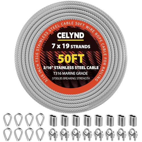CELYND Edelstahlkabel für Geländer – 1,5 m T316 Drahtseil – 7 x 19 Stränge, 1,678 kg Bruchfestigkeit mit Klemmen, Fingerhut und Crimphülsen für Outdoor-Deckgeländer, DIY-Projekte CELYND Edelstahlkabel für Geländer – 1,5 m T316 Drahtseil – 7 x 19 Stränge, 1,678 kg Bruchfestigkeit mit Klemmen, Fingerhut und Crimphülsen für Outdoor-Deckgeländer, DIY-Projekte von Celynd