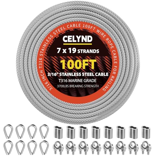 CELYND Edelstahlkabel für Geländer – 3/16 Zoll T316 Drahtseil – 7 x 19 Stränge, 1678 kg Bruchfestigkeit mit Klemmen, Fingerhut und Crimphülsen für Outdoor-Deckgeländer, DIY-Projekte CELYND Edelstahlkabel für Geländer – 3/16 Zoll T316 Drahtseil – 7 x 19 Stränge, 1678 kg Bruchfestigkeit mit Klemmen, Fingerhut und Crimphülsen für Outdoor-Deckgeländer, DIY-Projekte von Celynd