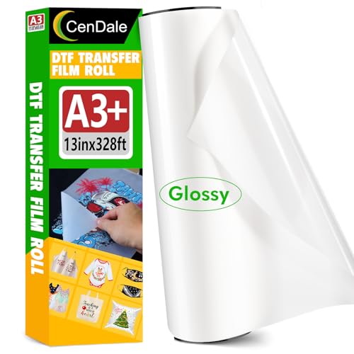 CenDale DTF Folienrolle, glänzend, A3+, DTF-Transferfolie, Heiß- und Kaltabziehfolie, 33 cm, einseitig, transparent, DTF-Papierrolle für dunkle und helle T-Shirts (33 cm x 100 m, glänzend) von CenDale