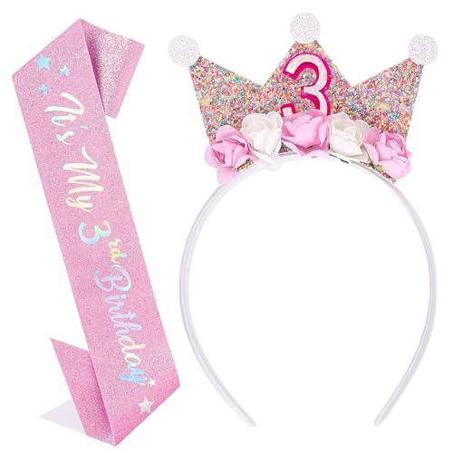 3 Jahr Geburtstagskrone Schärpe Set für Mädchen, Krone Geburtstag mit Rose Blumen, Geburtstagsdeko Mädchen 3 Jahr, Party Deko Hut für Kindergeburtstag, Prinzessin Stirnband für Kinder Geburtstag Party 3 Jahr Geburtstagskrone Schärpe Set für Mädchen, Krone Geburtstag mit Rose Blumen, Geburtstagsdeko Mädchen 3 Jahr, Party Deko Hut für Kindergeburtstag, Prinzessin Stirnband für Kinder Geburtstag Party von CensuobOB